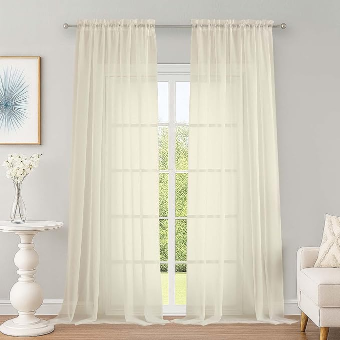 OWENIE Extra Long Cream Sheer Curtains 96 Inches Long 2 Panels Set, Soft by OWENIE