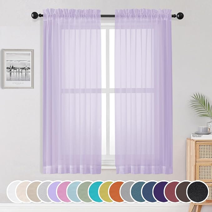 OWENIE Light Purple Sheer Curtains 63 inch Length 2 Panels Set, Rod Pocket by OWENIE