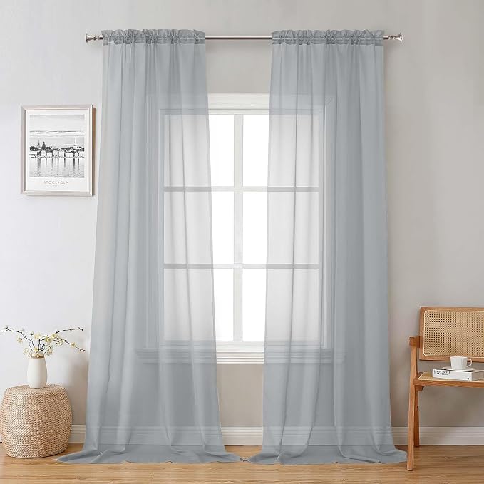 Lecloud Light Grey Sheer Curtains 96 Inches Long 2 Panels, Light Filtering by Lecloud