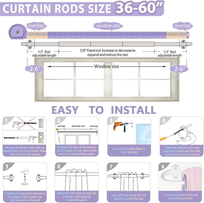 TVWOO White Wrap Around Curtain Rods:5/8" Small Blackout Adjustable Window - Image 7