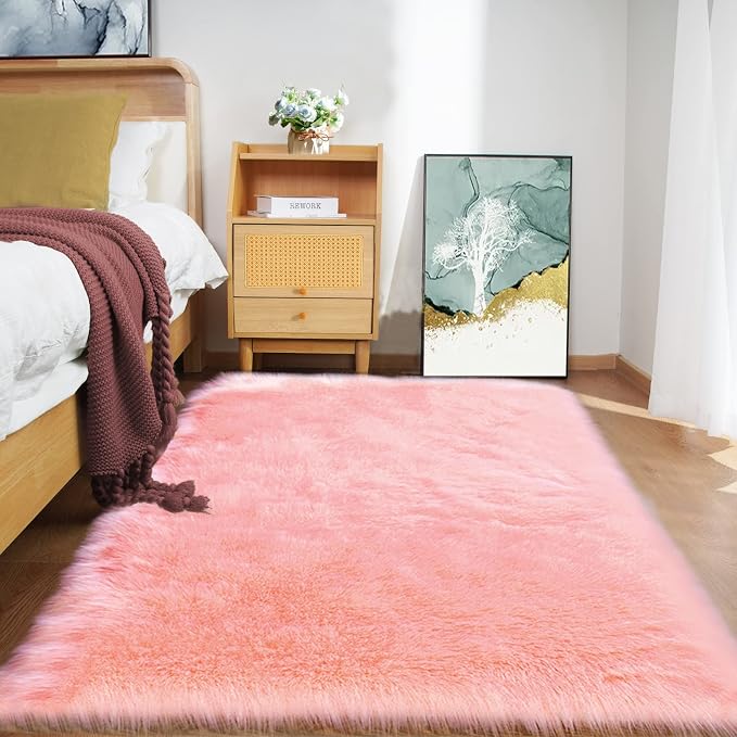 Goolela Pink Fluffy Rug 4x6 Fuzzy Faux Fur Shag Sheepskin Shaggy Rug by Goolela