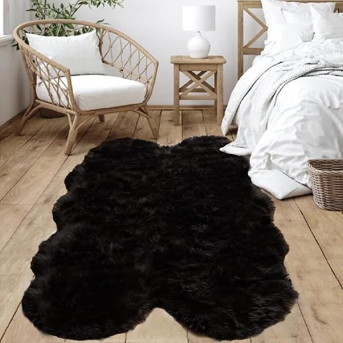 Goolela Black Faux Sheepskin Fur Rug 4x6 Fuzzy Furry Area Rug Black Fluffy Soft - Image 2