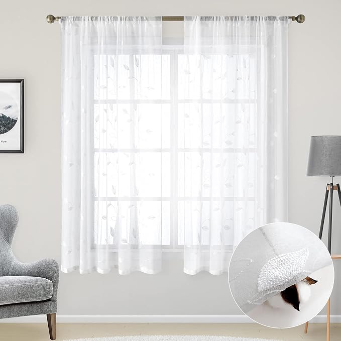 HOMEIDEAS White Sheer Curtains 52 X 63 Inches Length 2 Panels Embroidered Leaf - Image 2