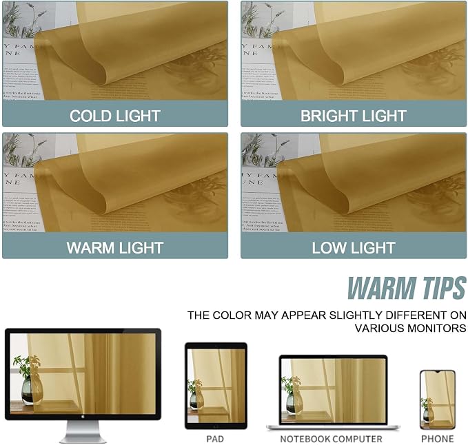 Gold Sheer Curtains 90 Inches Long 2 Panels, Light Filtering Solid Sheer - Image 6