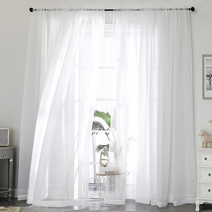 Sheer Curtains 84 Inches Long 2 Panels Set, Sheer White Curtains by OWENIE