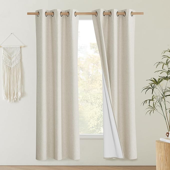 NICETOWN Natural Thick Linen Blend 100% Blackout Curtains 70" Long 2 Panels Set - Image 2