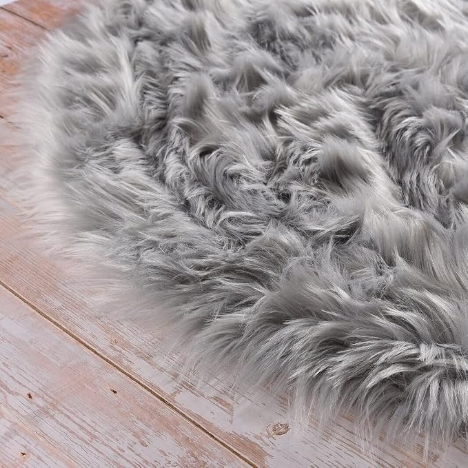 ORINOVA Round Rugs 6ft Silver Grey Fuzzy Faux Sheepskin Washable Furry Fur Area - Image 7