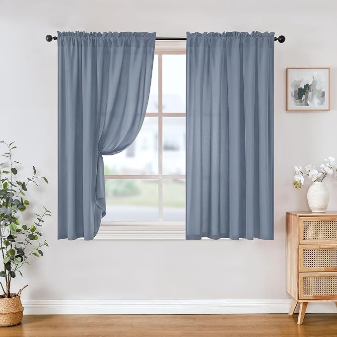 HOMEIDEAS Non-See-Through Stone Blue Privacy Sheer Curtains, 52 X 54 Inches by HOMEIDEAS