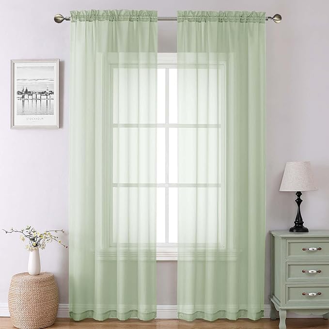 Lecloud Light Green Sheer Curtains 90 Inches Long 2 Panels, Modern Light by Lecloud