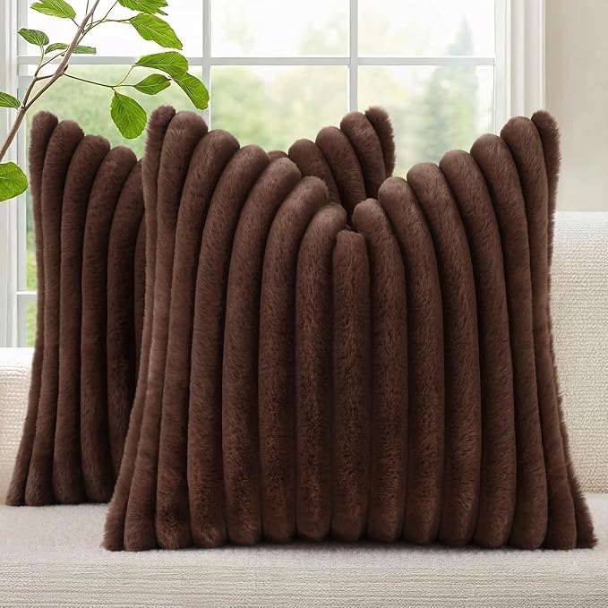 decorUhome Fall Faux Fur Throw Pillow Covers 16x16 Set of 2 Dark Brown | by decorUhome