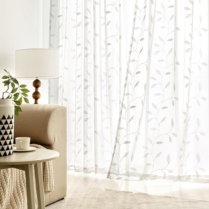 MIULEE White Sheer Curtains 2 Panels Embroidered Leaf Patterned Rod Pocket - Image 3