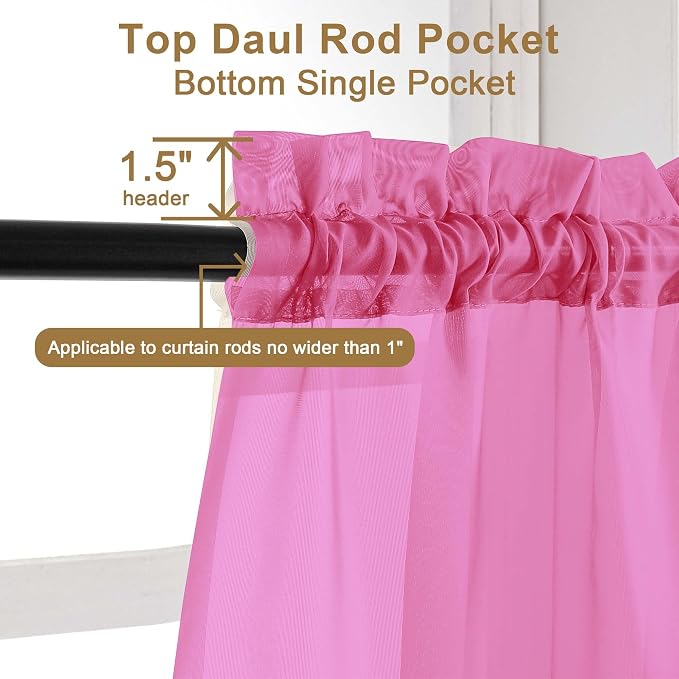 Chyhomenyc Sheer Hot Pink Tier Curtains 24 Inch Length Set, Small Window - Image 5