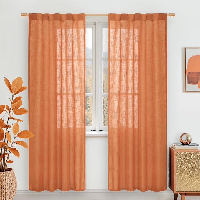 LAMIT Burnt Orange Linen Boho Curtains 80 inch Length 2 Panels, Light Filtering by LAMIT