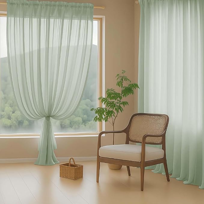 Sage Green Sheer Curtains 63 Inch Length 2 Panels, Voile Sheer Curtain - Image 8