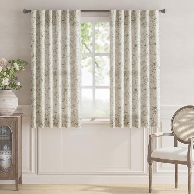 jinchan Floral Linen Curtains for Living Room 63 Inch Length Green Flower - Image 2