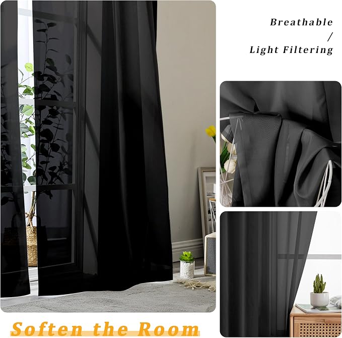 Gwine Black Sheer Curtains 84 Inches Long 2 Panels Set - Image 3