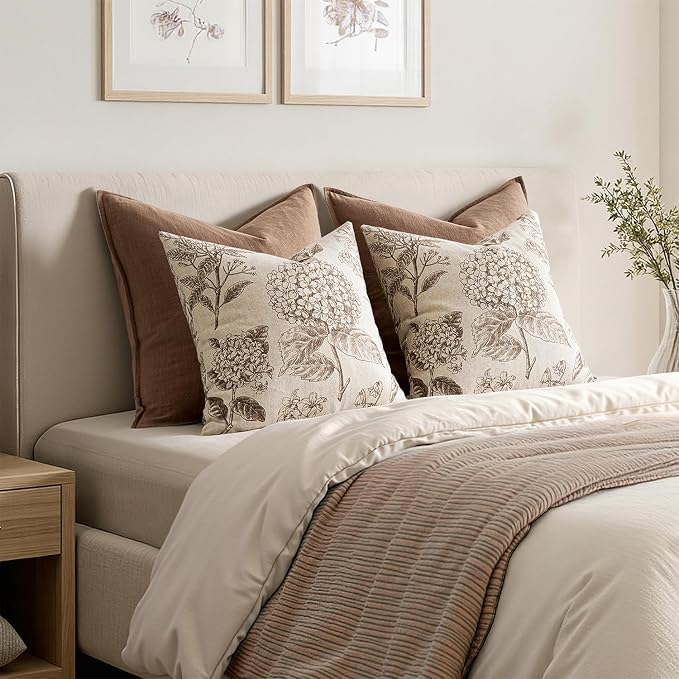 Set of 2 Decorative Floral Pillow Covers 22x22 Inch Light Brown | Neutral - Image 6