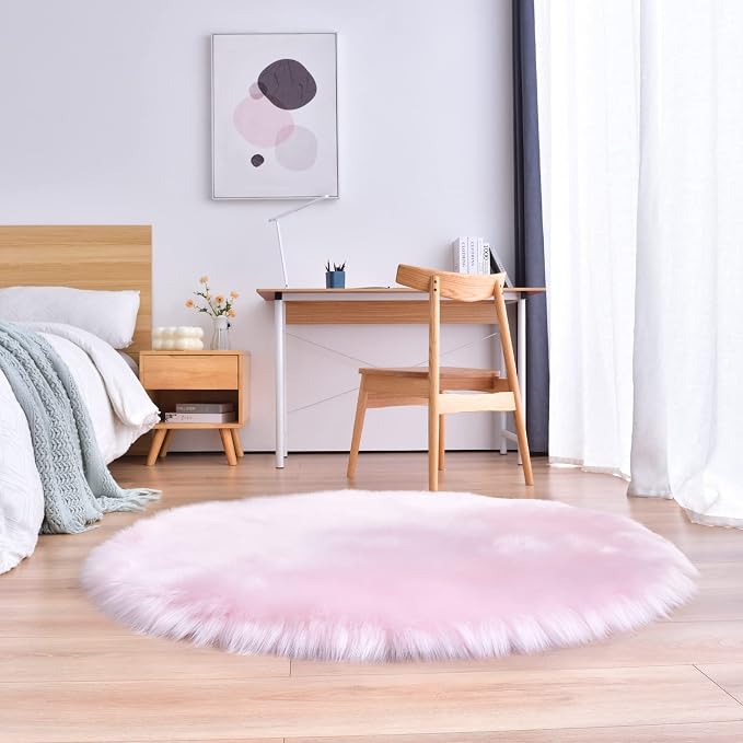 duduta Pink Faux Sheepskin Round Rug 4x4 ft, Fluffy Shag Fur Bedroom Nursery - Image 6
