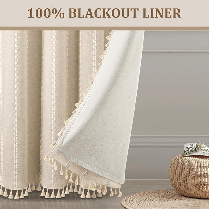 Boho Blackout Curtains 90 Inches Long Beige Linen Blend 2 Panels - Image 2