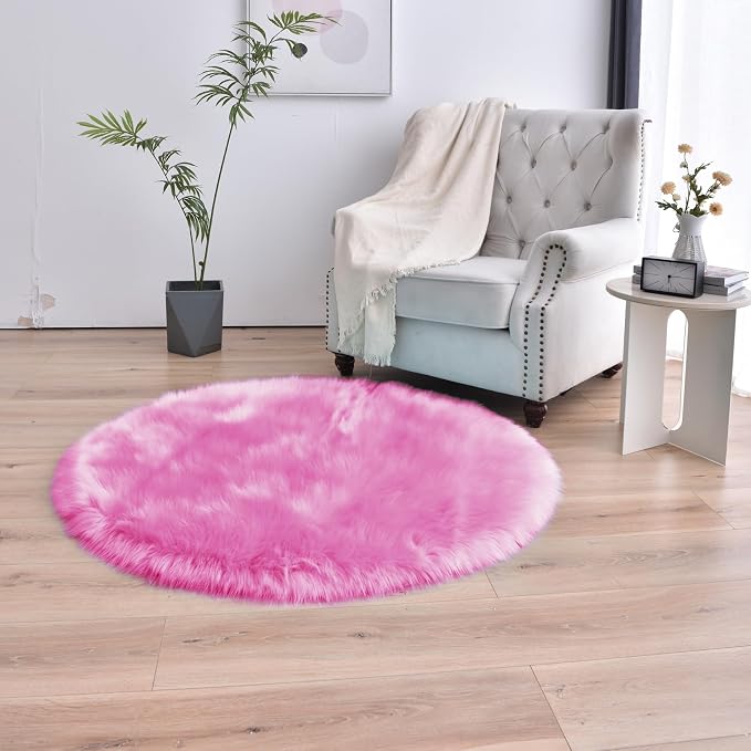 duduta Hot Pink Faux Sheepskin Round Rug 4x4 ft, Fluffy Shag Girls Bedroom - Image 5