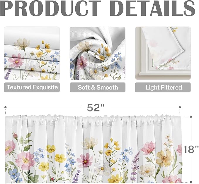 Emvency 4 Pack Valances Window Treatments, Spring Wildflower Flower Blackout - Image 3