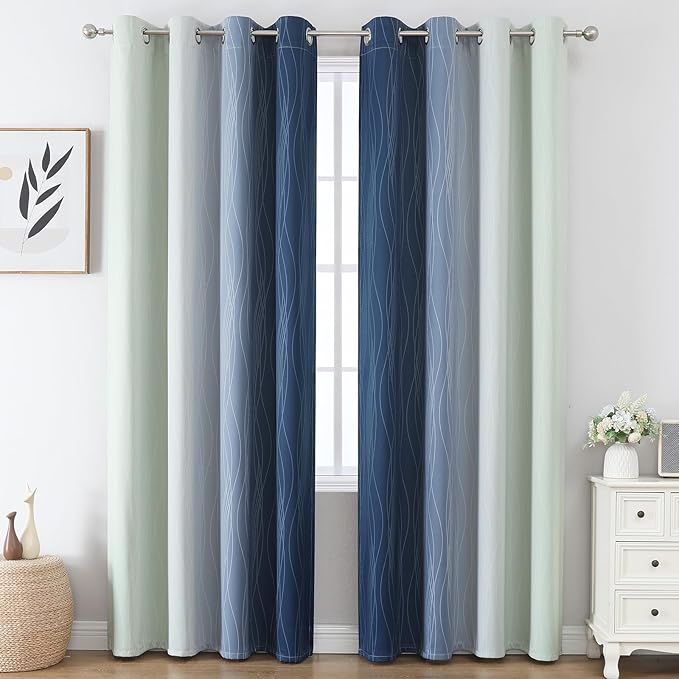 Estelar Textiler Sage Green and Navy Blue Gradient Blackout Curtains - Image 2