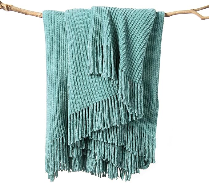 lifein Throw Blanket for Couch, Soft Boho Decor Bed Throw, Cozy Blue Chenille by lifein