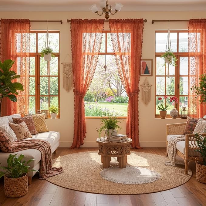 WAZZIO Boho Lace Curtains 96 Inch 2 Panels-Vintage Sheer Panel Drape Floral - Image 4