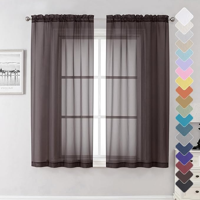 Lecloud Sheer Curtains 63 Inch Length 2 Panels Set, Chocolate Window Curtains by Lecloud