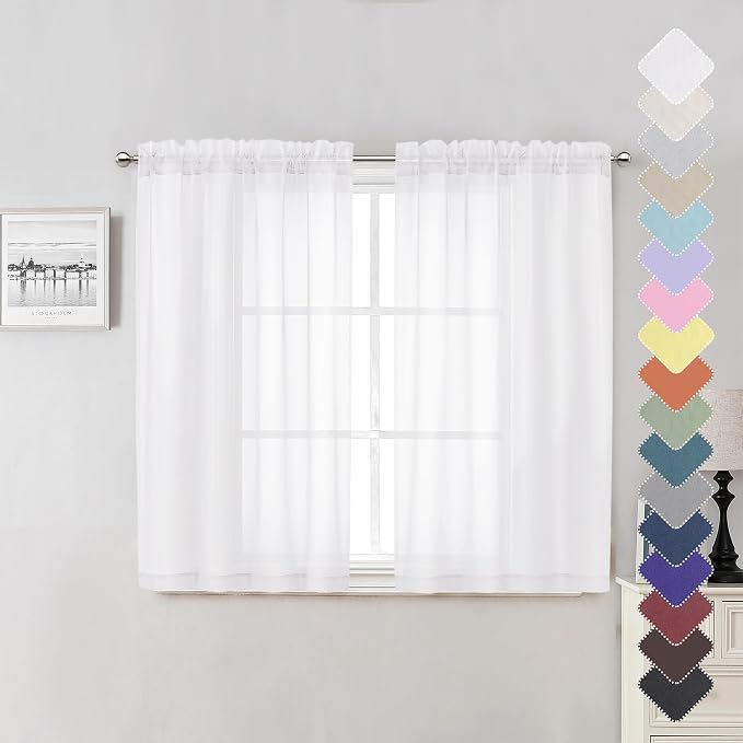 Lecloud White Sheer Curtains 45 Inch Long 2 Panels, Short Voile Drapes by Lecloud