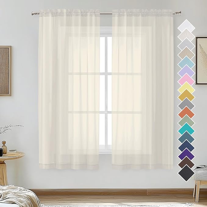 OVZME Cream Sheer Curtains 63 Inches Long 2 Panels by OVZME