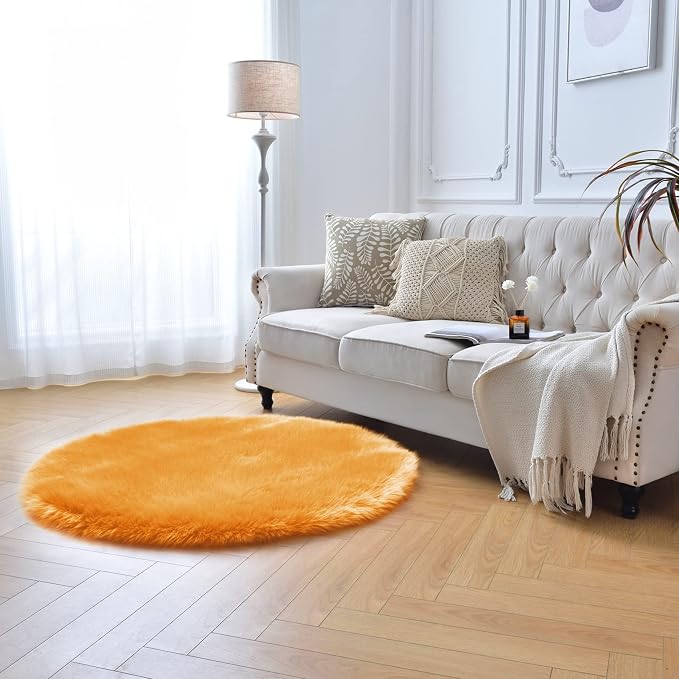 duduta Yellow Faux Sheepskin Round Rug 4x4 ft, Fluffy Shag Fur Bedroom Nursery - Image 7