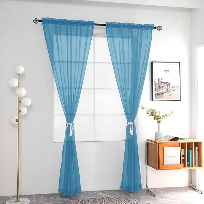 youleyar Solid Sheer Rod Pocket Curtain Voile Draperies 2 Panels White Beige - Image 2