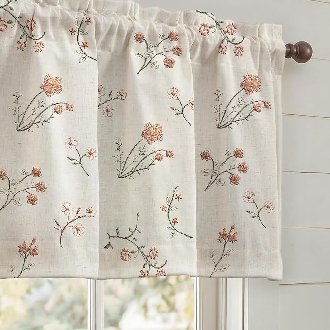 Kitchen Valances for Windows, Floral Embroidered Spring Linen Blend Farmhouse by Unknown