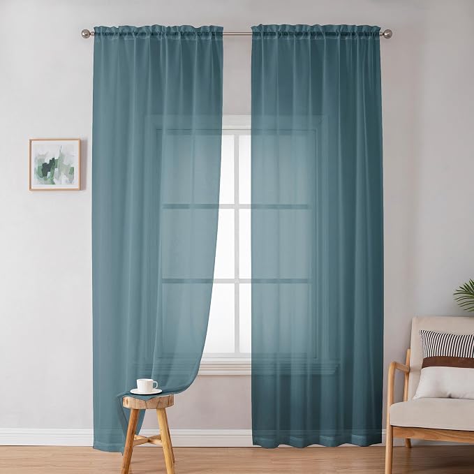 OWENIE Teal Sheer Curtains 84 inches Long 2 Panels Set, Light Filtering Rod - Image 2