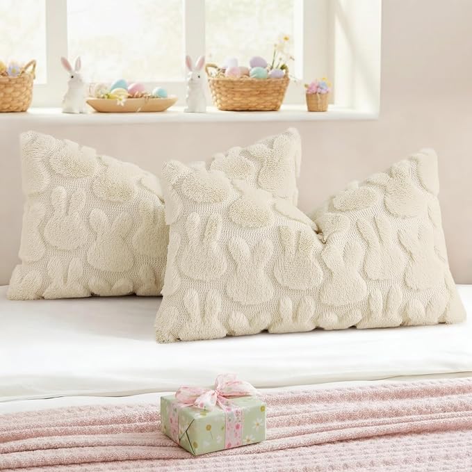 decorUhome Easter Bunny Pillow Covers 12x20 Inch Set of 2, Soft Plush Faux Wool - Image 5