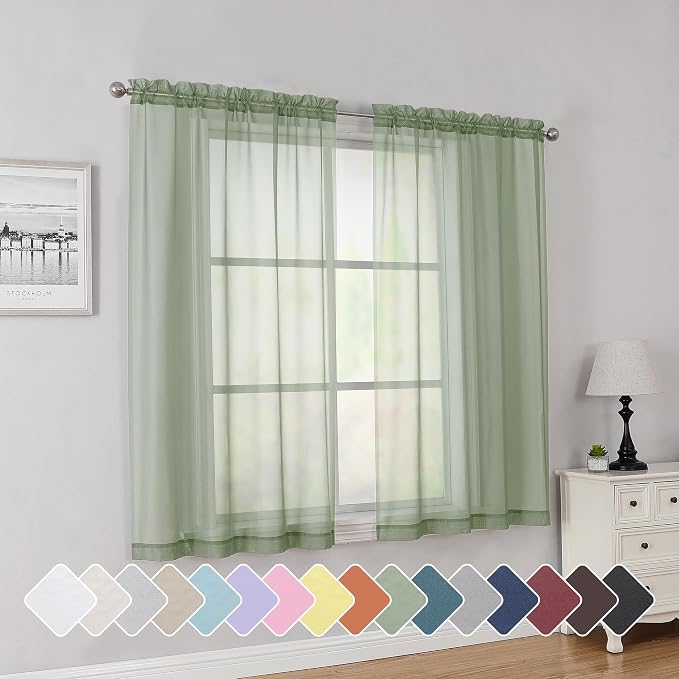Simplebrand Sage Short Sheer Curtains 45 Inch Length by Simplebrand
