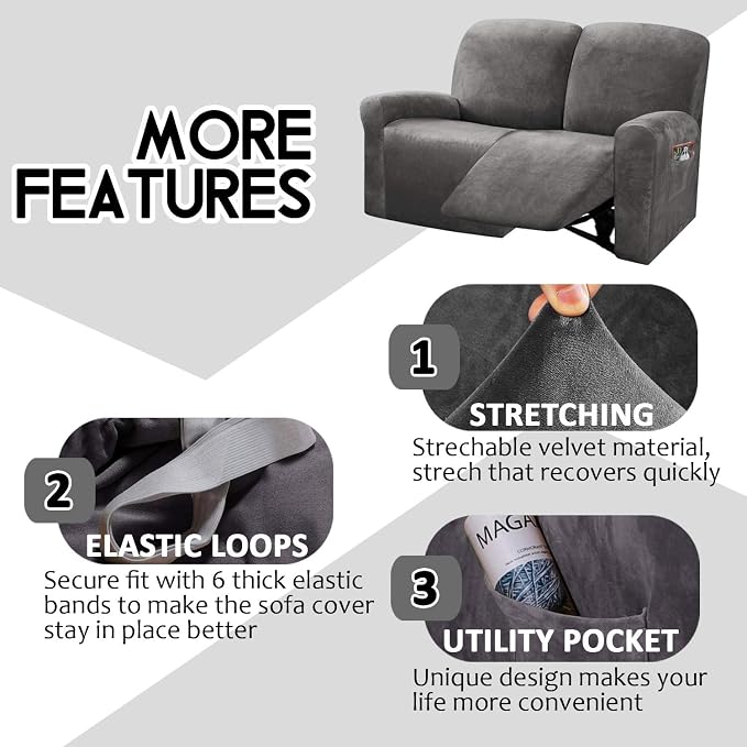 ULTICOR Reclining Love Seat Slipcover, 6-Piece Velvet Stretch Loveseat - Image 4