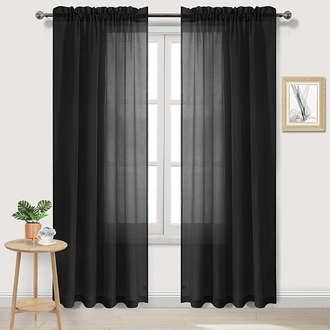 DWCN Black Sheer Curtains Semi Transparent Voile Rod Pocket Curtains by DWCN