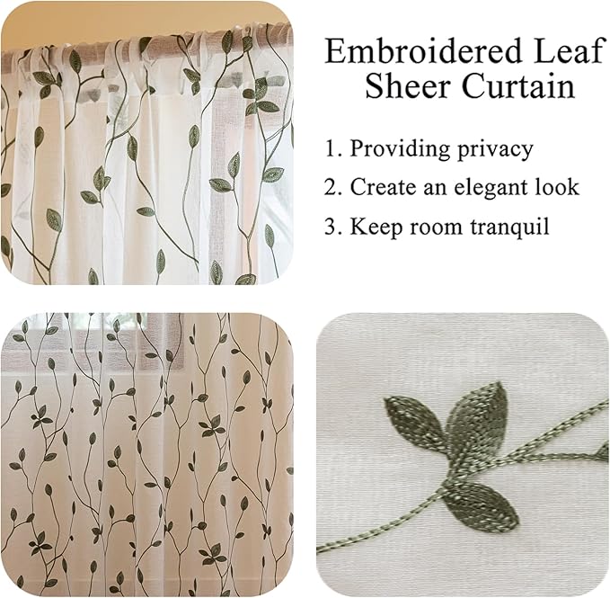 AmHoo 2 Panels Embroidered Leaf Pattern Semi Sheer Curtains Foliage Floral - Image 4