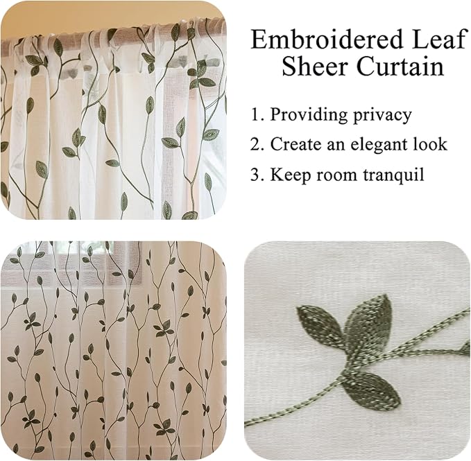 AmHoo 2 Panels Embroidered Leaf Pattern Semi Sheer Curtains Foliage Floral - Image 4