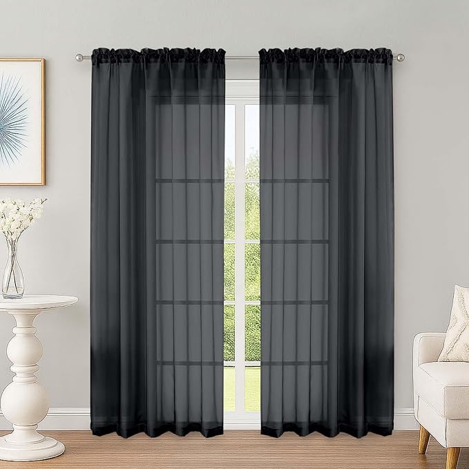 OWENIE Black Sheer Curtains 72 Inches Long 2 Panels Set, Transparent Voile by OWENIE