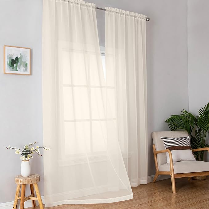 OWENIE Cream Sheer Curtains 84 inches Long 2 Panels Set - Image 2