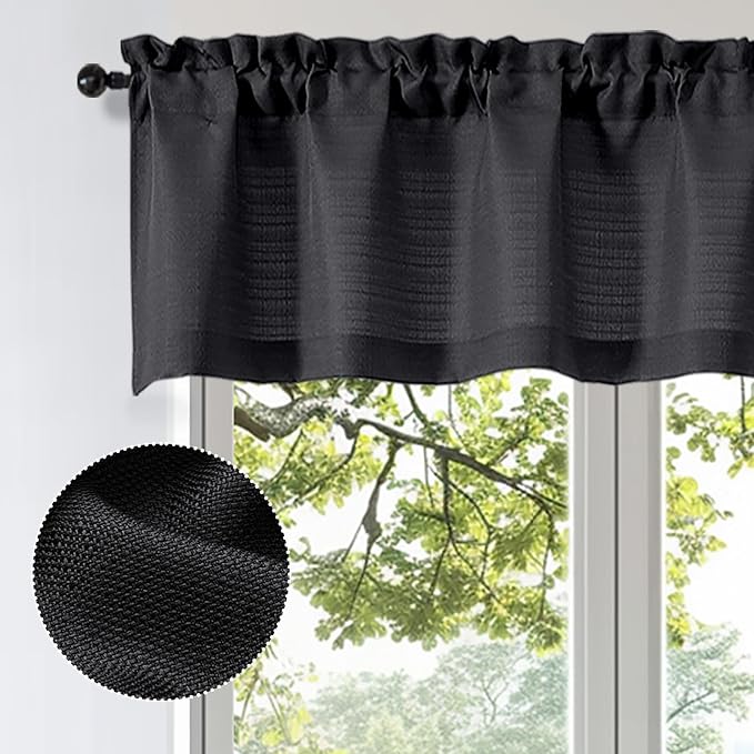 OWENIE Bob Valance Curtains 18 Inch Length 1 Piece, Faux Linen Slub Solid Black - Image 2