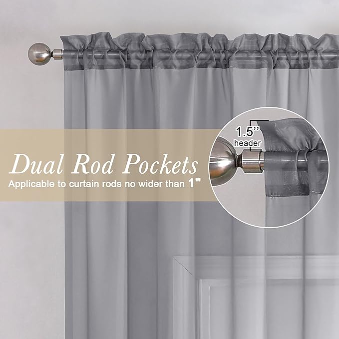 Lecloud Charcoal Grey Sheer Kitchen Curtains 36 Inch Length 2 Pcs, Sheer Voile - Image 2