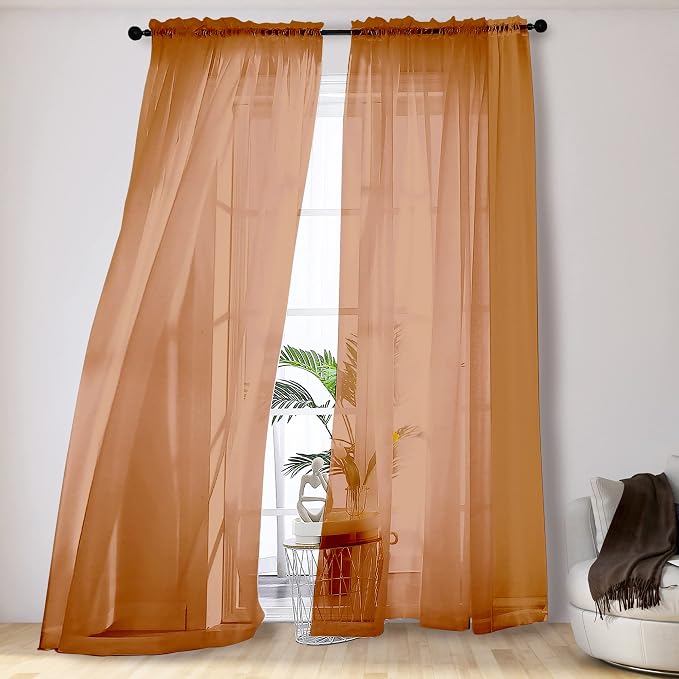 OVZME Orange Sheer Curtains 108 Inches Long, Light Filtering Semi Transparent by OVZME