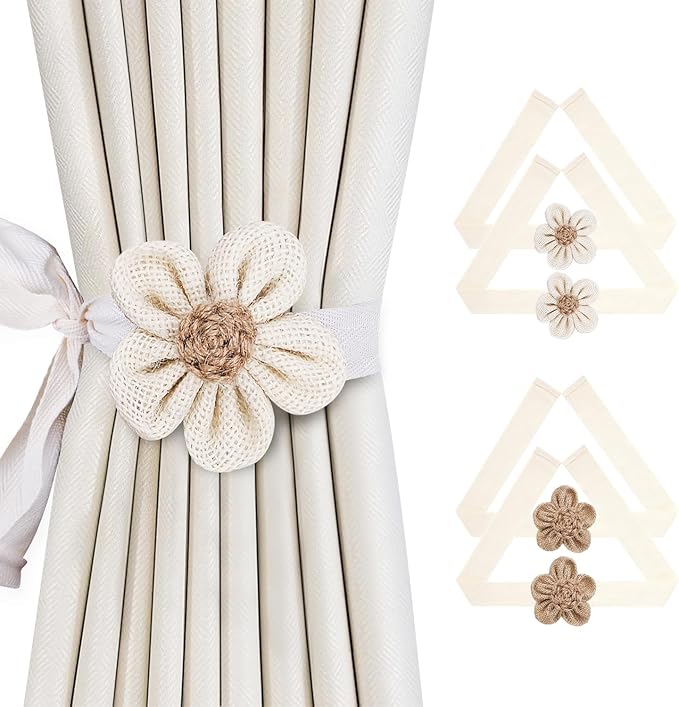 SRG 4pcs Handmade Rope Curtain Tiebacks | Boho Flower Curtain Holdbacks | by SRG