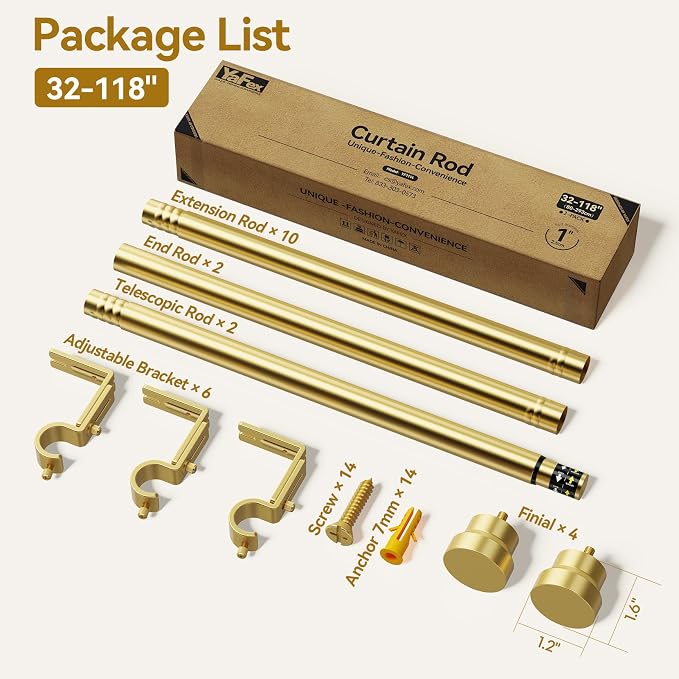 YaFex Curtain Rods 2 Pack 32-118 Inch, Heavy Duty 1 Inch Curtain Rod, Modern - Image 7