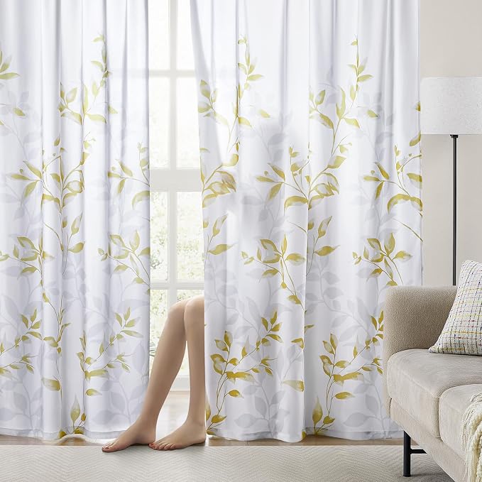 HOMEIDEAS Non-See-Through Gold and White Privacy Sheer Curtains 52 X 63 Inch - Image 2