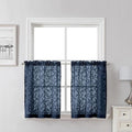 Lecloud Leia Navy Blue Kitchen Sheer Curtains 24 Inch 2 Pcs, Jacquard Leaf by Lecloud